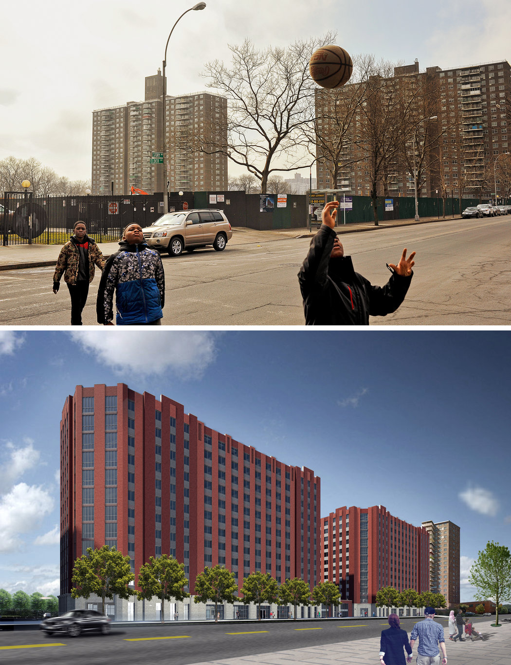 The work site of 1520 and 1530 Story Avenue in the Soundview section of the Bronx, which will become red-brick affordable towers with 435 apartments