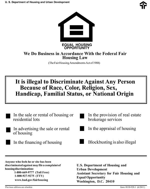 Equal Housing Opportunity Flyer displaying requirements.