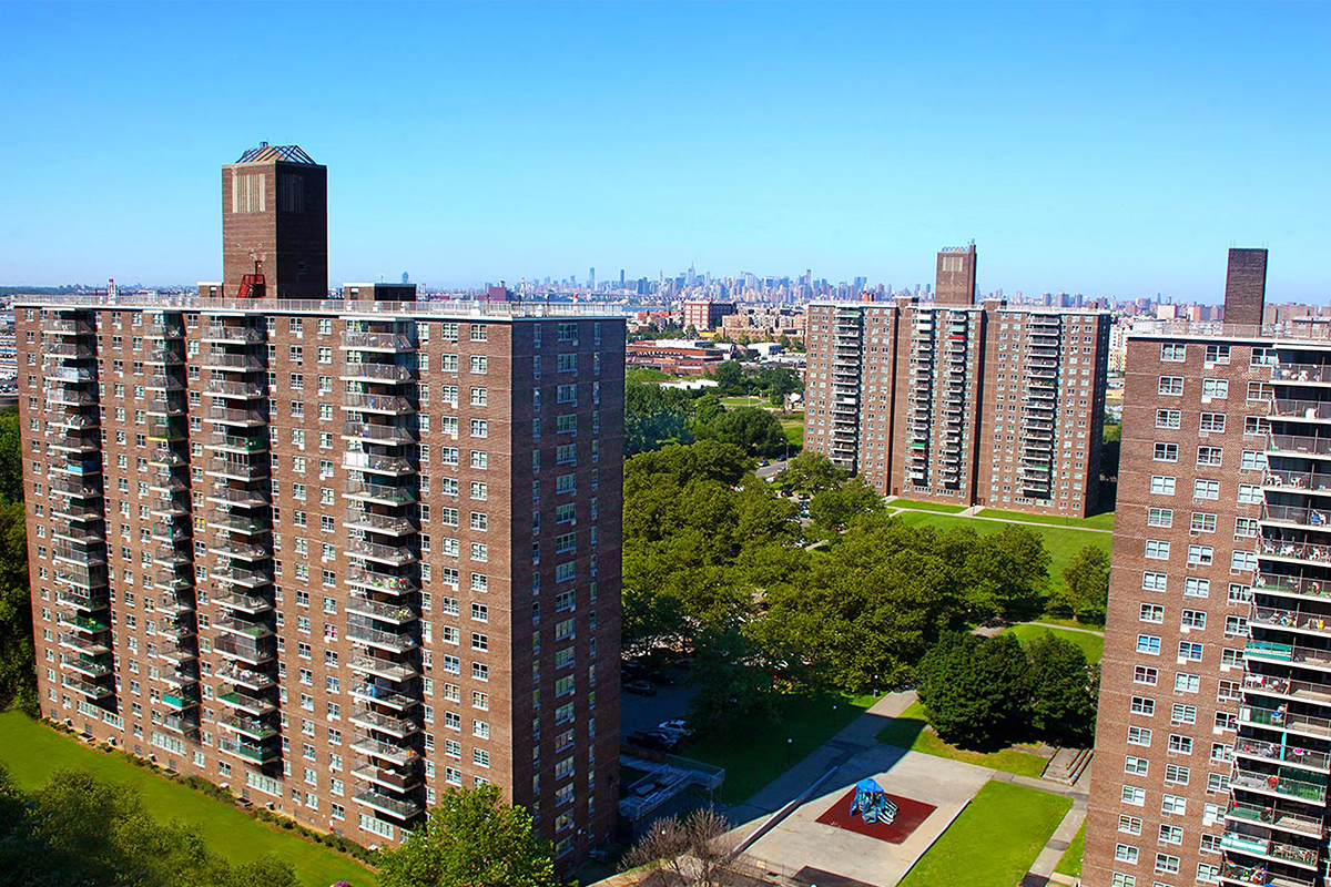 An exterior photo of the Lafayette Towers Nelson Apartments buildings as seen from the sky.