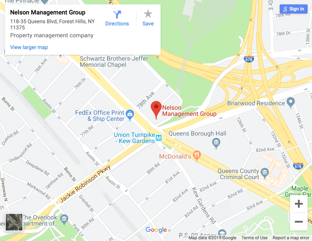 A map showing the location of Nelson Management Groups offices at 118-35 Queens Boulevard, 14th Floor Forest Hills, New York 11375