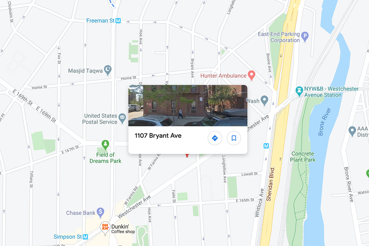 A screenshot of a map showing 1107-1119 Bryant Avenue, Bronx, New York