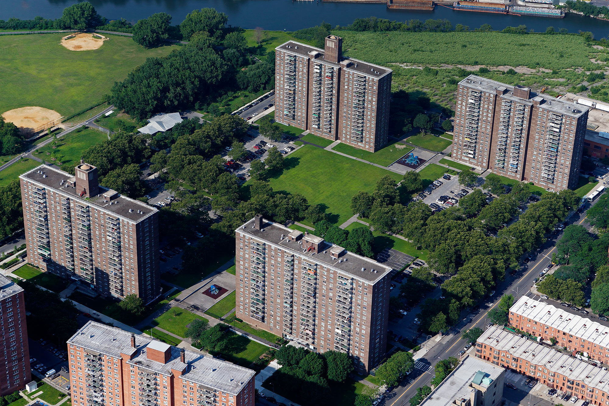 An aerial photo of the Lafayette Towers Nelson Apartments Apartment buildings in Bronx, New York